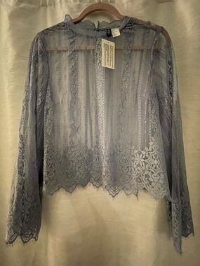 H&M Dusty Blue Lace Long-Sleeve Blouse